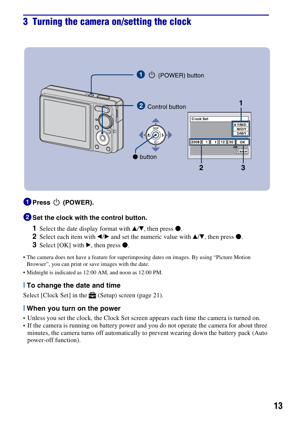 3 turning the camera on/setting the clock | Sony DSC-S780 User Manual | Page 13 / 40