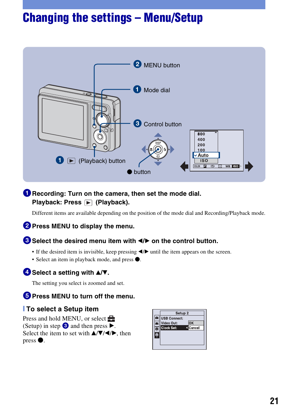 Changing the settings - menu/setup, Changing the settings – menu/setup | Sony DSC-S780 User Manual | Page 21 / 40