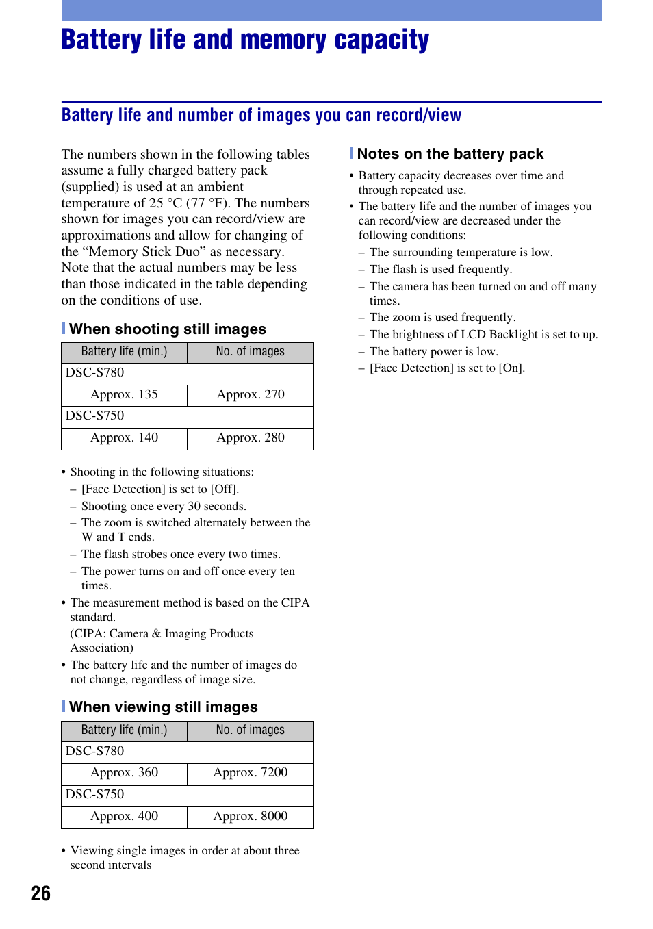 Battery life and memory capacity | Sony DSC-S780 User Manual | Page 26 / 40