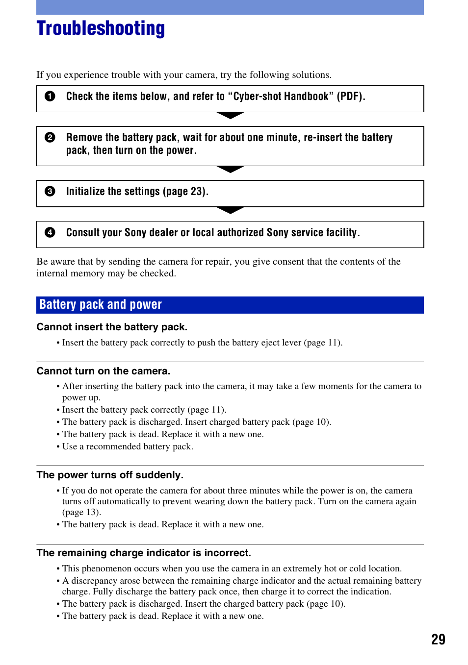 Troubleshooting, Battery pack and power | Sony DSC-S780 User Manual | Page 29 / 40