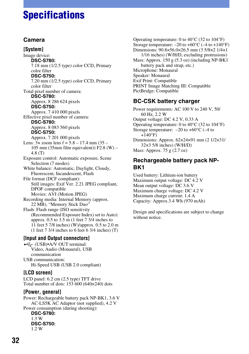 Specifications | Sony DSC-S780 User Manual | Page 32 / 40