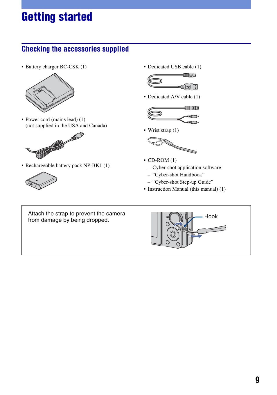 Getting started, Checking the accessories supplied | Sony DSC-S780 User Manual | Page 9 / 40