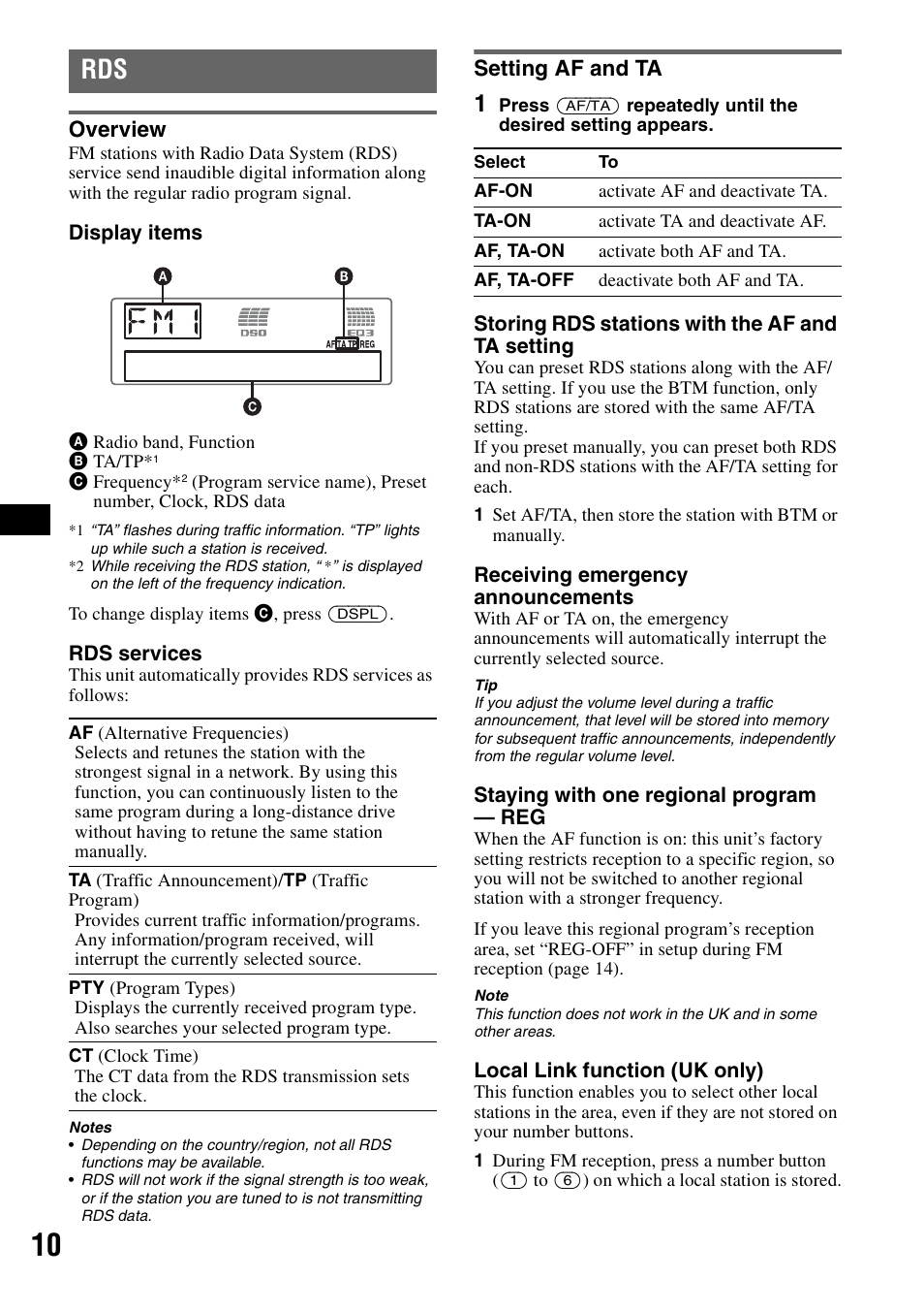 Overview, Setting af and ta, Overview setting af and ta | Sony CDX-GT55IP User Manual | Page 10 / 120