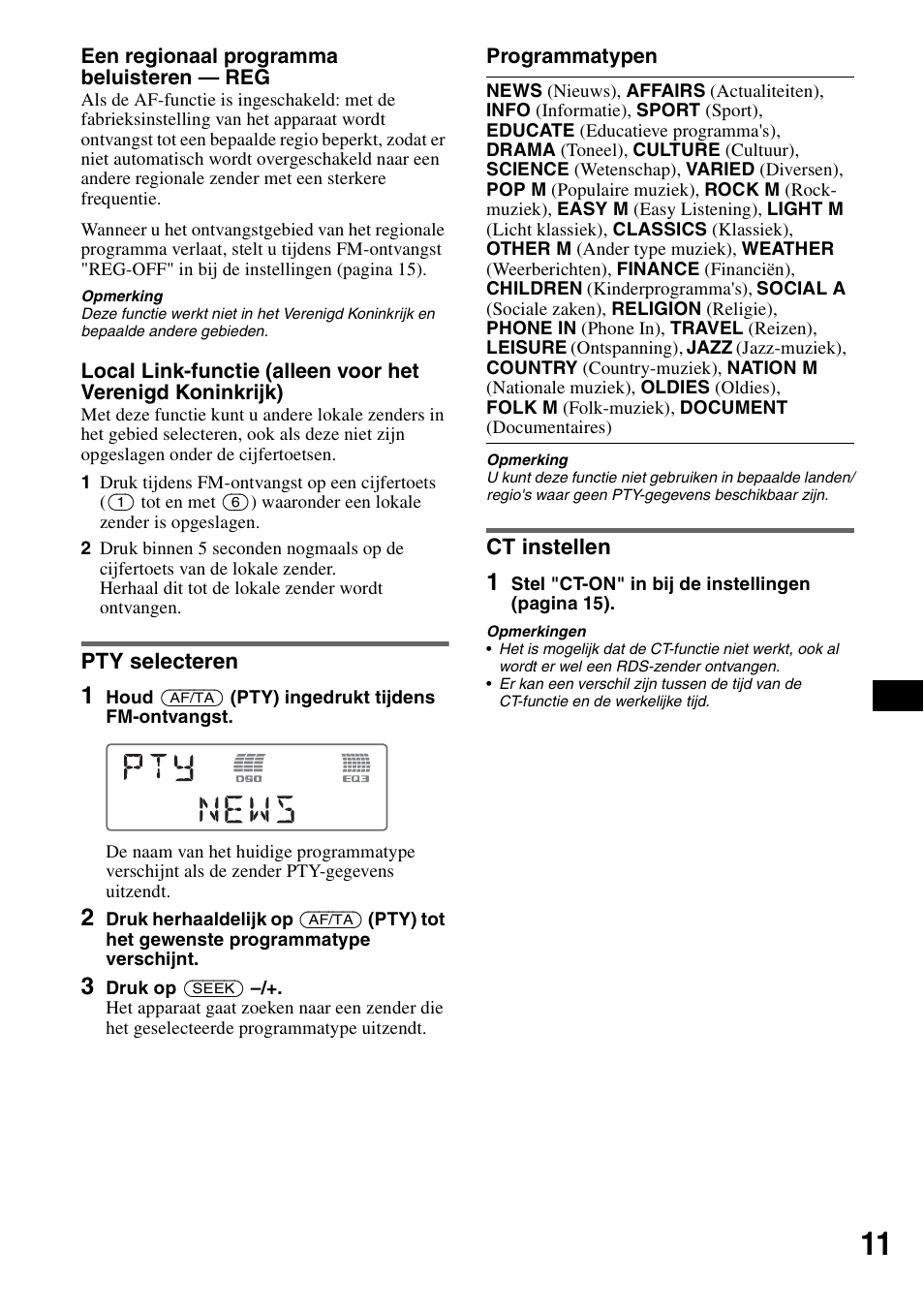 Pty selecteren, Ct instellen, Pty selecteren ct instellen | Sony CDX-GT55IP User Manual | Page 105 / 120