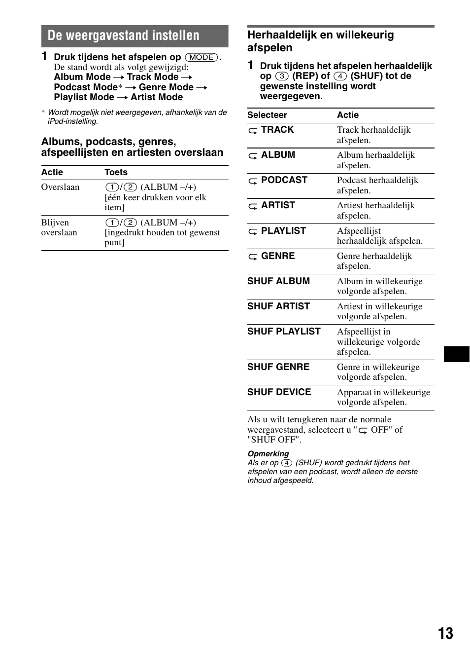 De weergavestand instellen, Herhaaldelijk en willekeurig afspelen | Sony CDX-GT55IP User Manual | Page 107 / 120