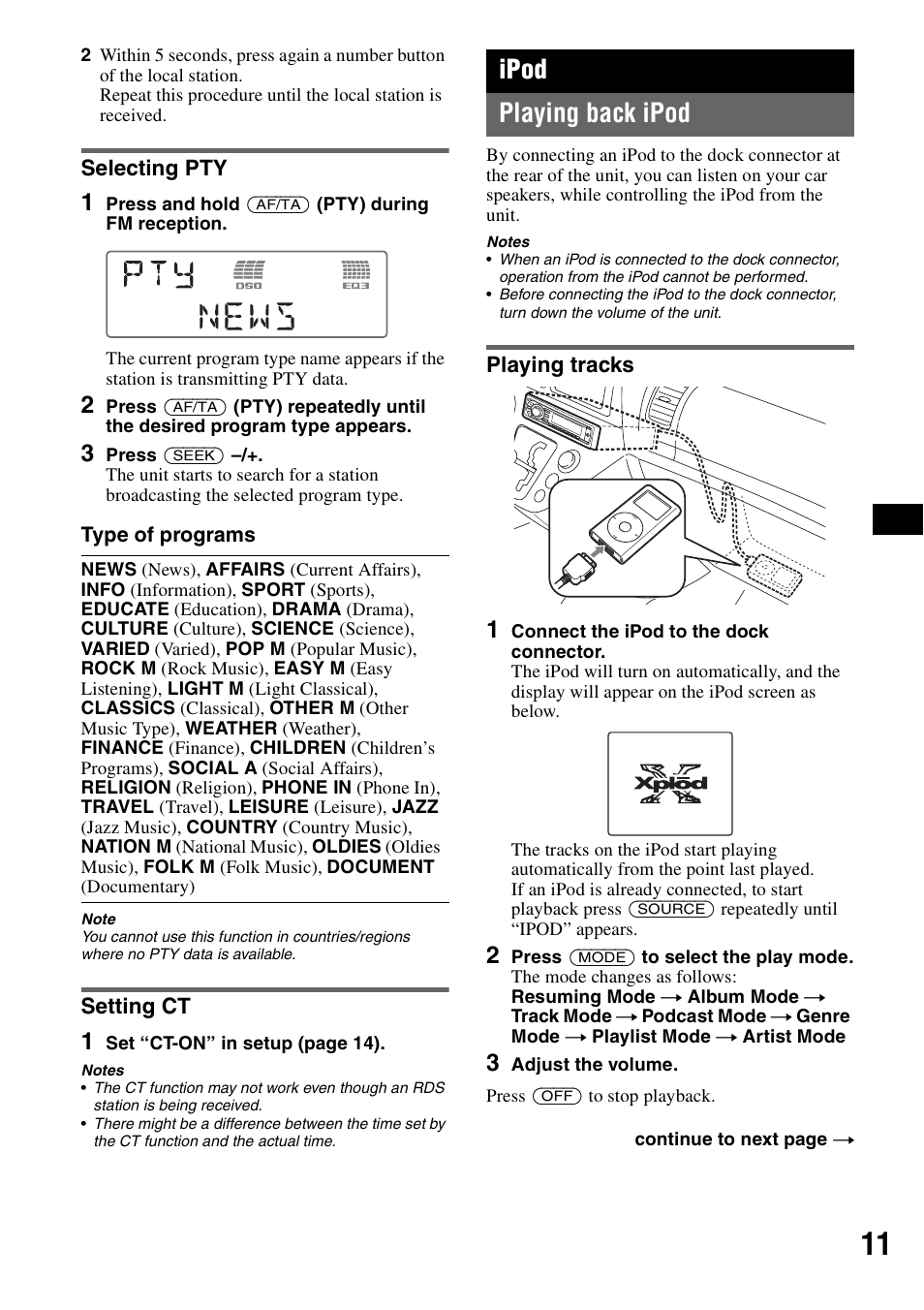 Selecting pty, Setting ct, Ipod | Playing back ipod, Playing tracks, Selecting pty setting ct, Ipod playing back ipod | Sony CDX-GT55IP User Manual | Page 11 / 120