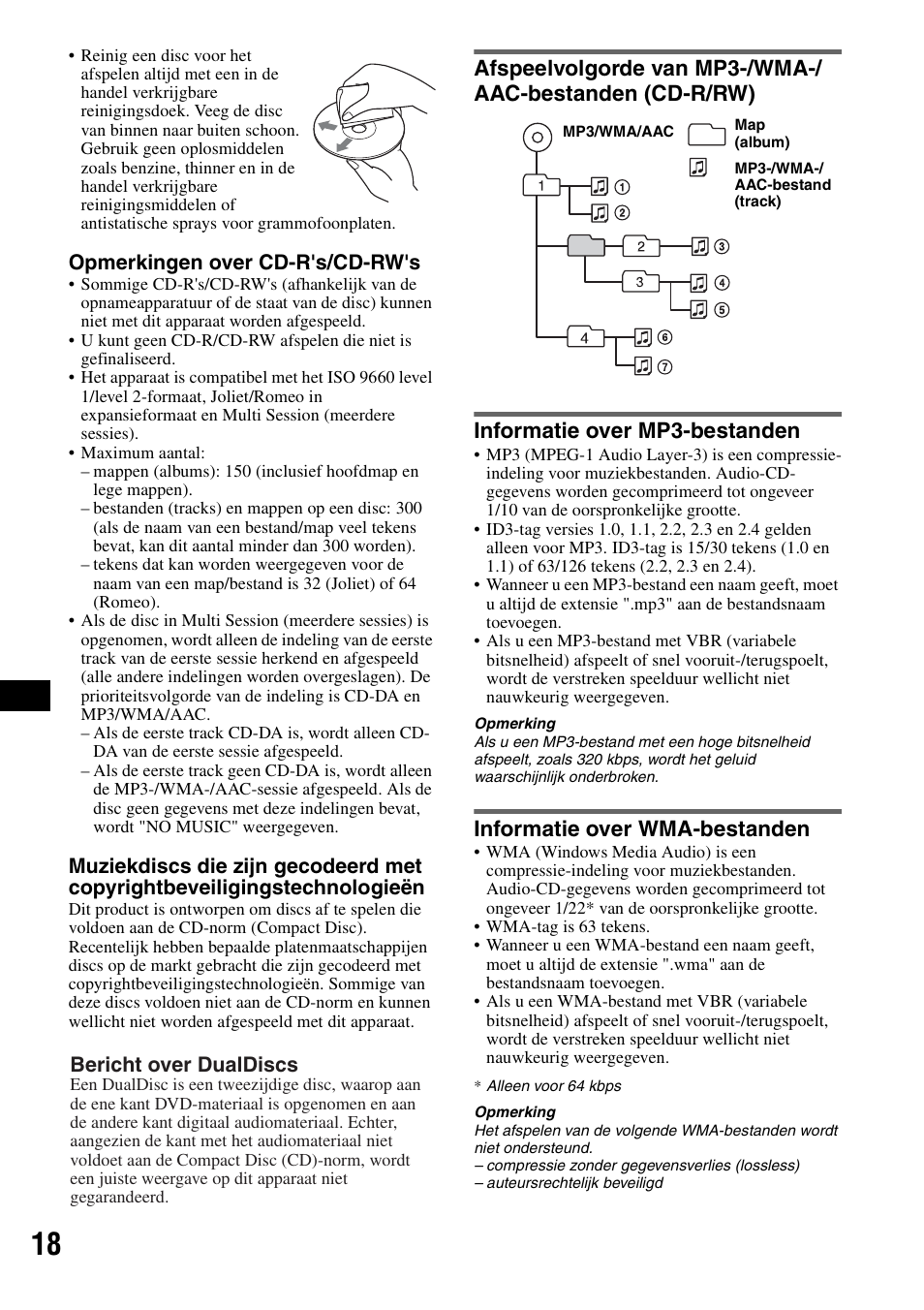 Informatie over mp3-bestanden, Informatie over wma-bestanden, Afspeelvolgorde van mp3-/wma | Opmerkingen over cd-r's/cd-rw's, Bericht over dualdiscs | Sony CDX-GT55IP User Manual | Page 112 / 120