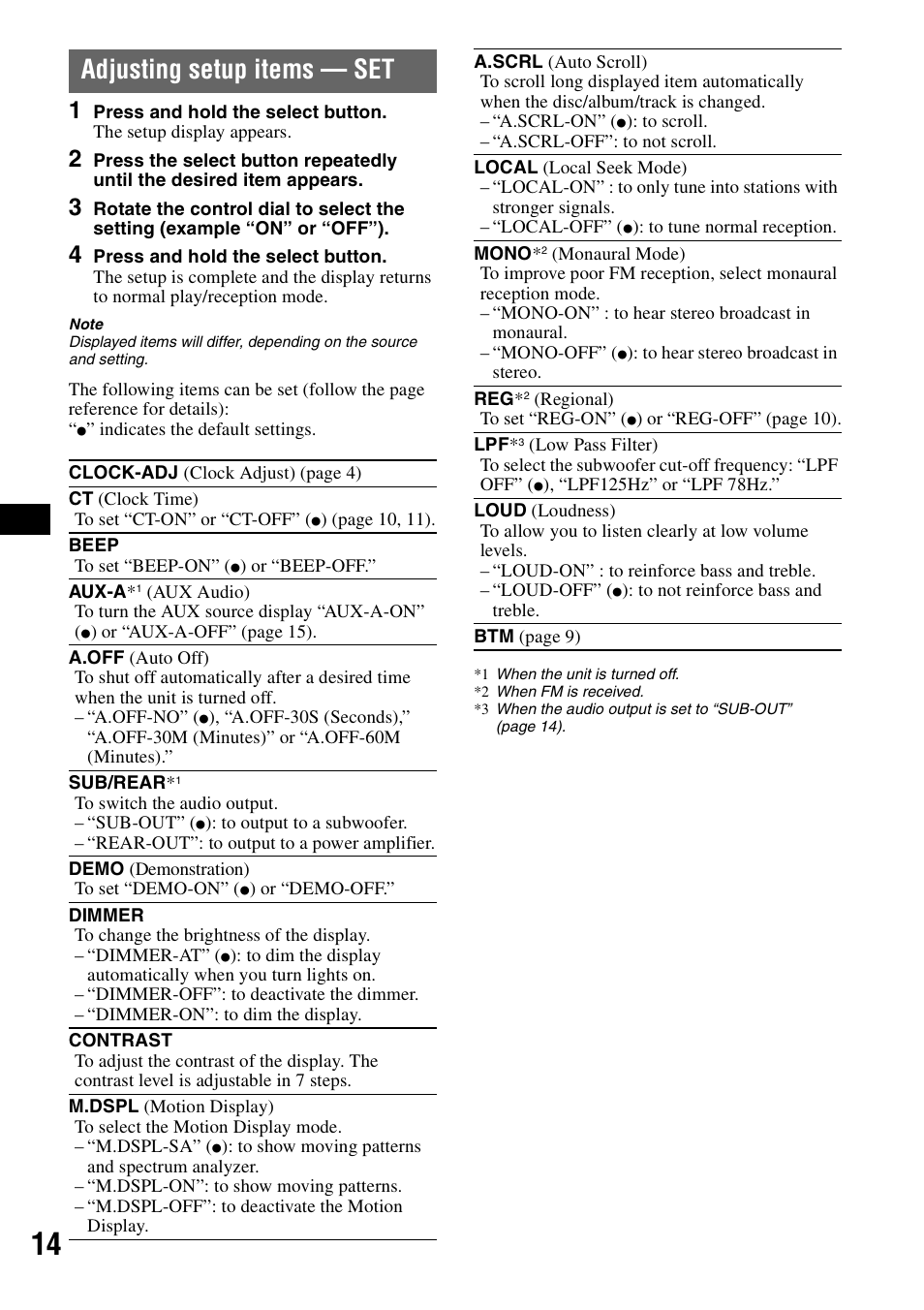 Adjusting setup items - set, Adjusting setup items — set | Sony CDX-GT55IP User Manual | Page 14 / 120