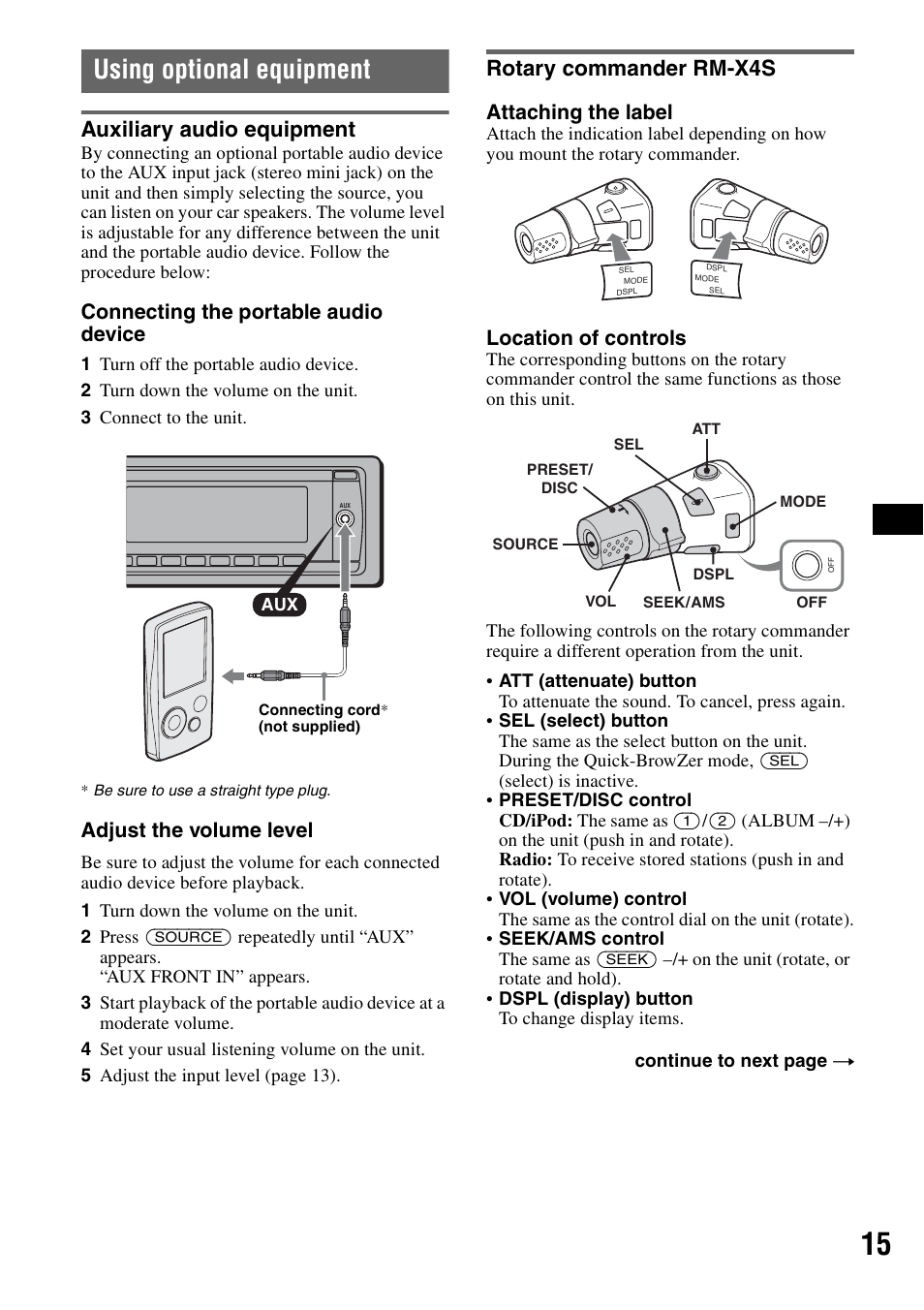 Using optional equipment, Auxiliary audio equipment, Rotary commander rm-x4s | Auxiliary audio equipment rotary commander rm-x4s, Connecting the portable audio device, Adjust the volume level, Attaching the label, Location of controls | Sony CDX-GT55IP User Manual | Page 15 / 120