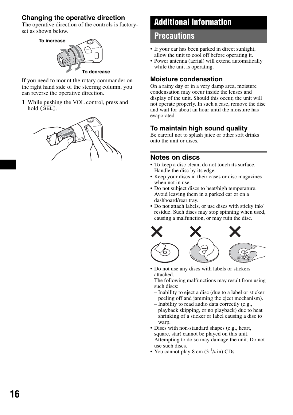 Additional information, Precautions, Notes on discs | Additional information precautions | Sony CDX-GT55IP User Manual | Page 16 / 120