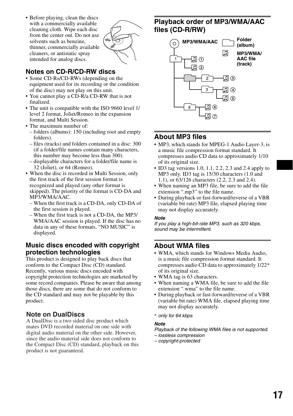 Playback order of mp3/wma/aac files (cd-r/rw), About mp3 files, About wma files | Playback order of mp3/wma/aac files, Cd-r/rw) about mp3 files about wma files | Sony CDX-GT55IP User Manual | Page 17 / 120