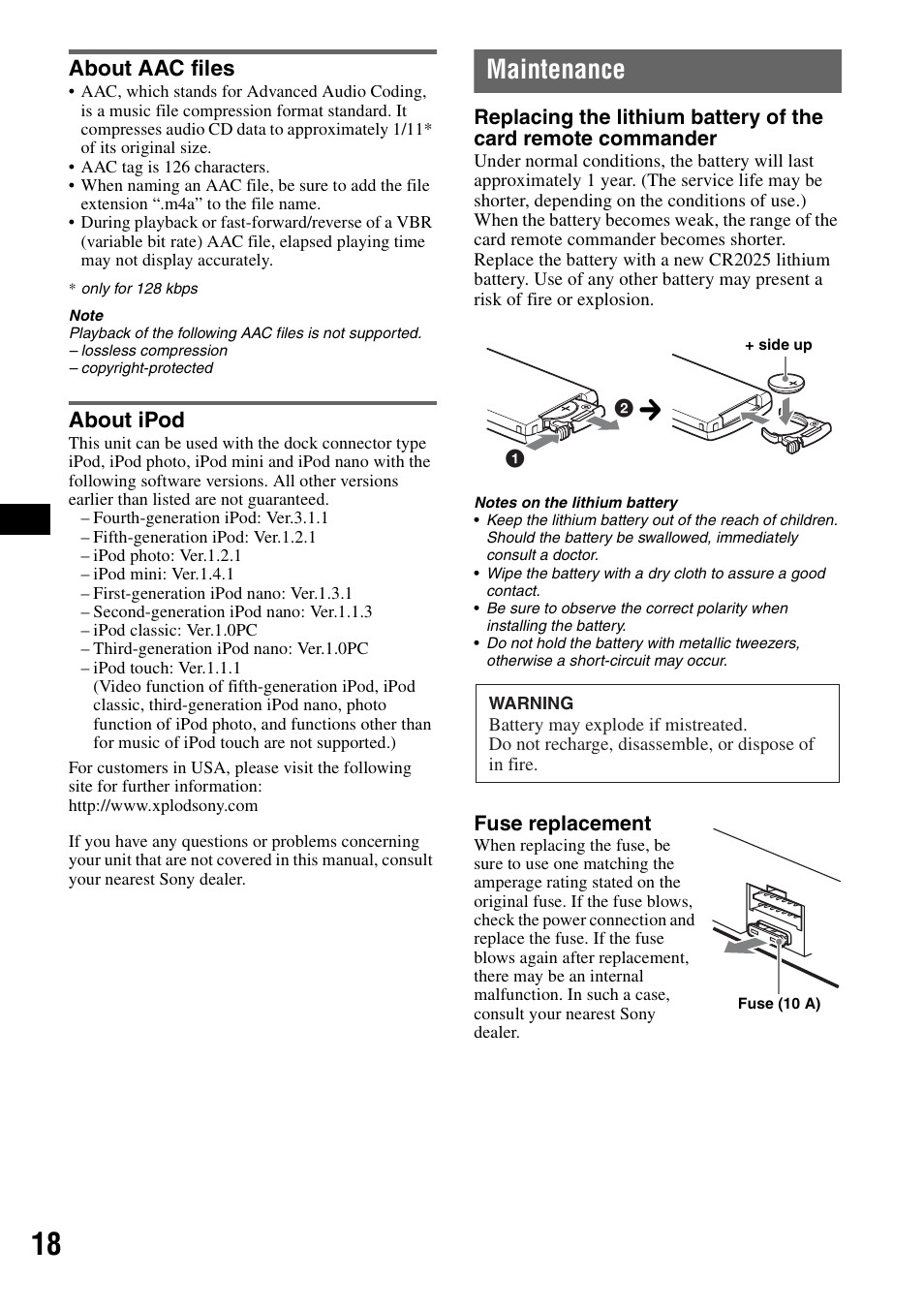 About aac files, About ipod, Maintenance | About aac files about ipod | Sony CDX-GT55IP User Manual | Page 18 / 120