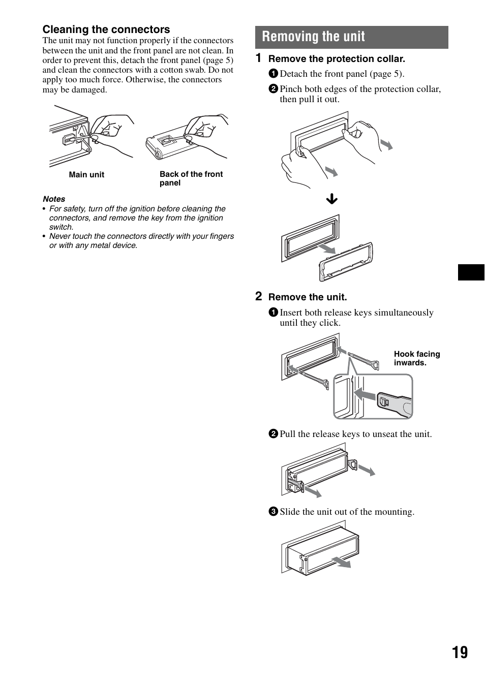 Removing the unit | Sony CDX-GT55IP User Manual | Page 19 / 120