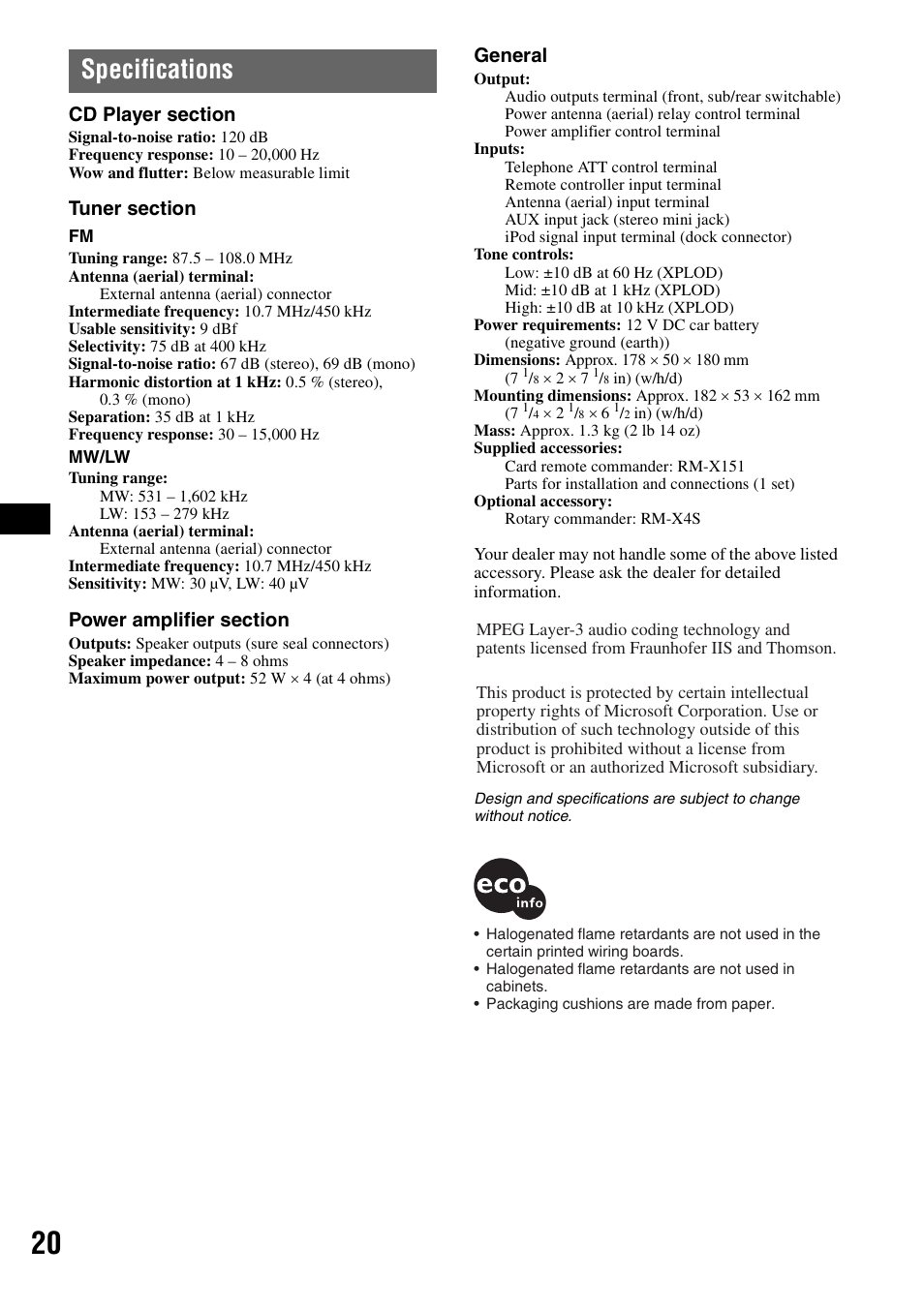 Specifications, General | Sony CDX-GT55IP User Manual | Page 20 / 120