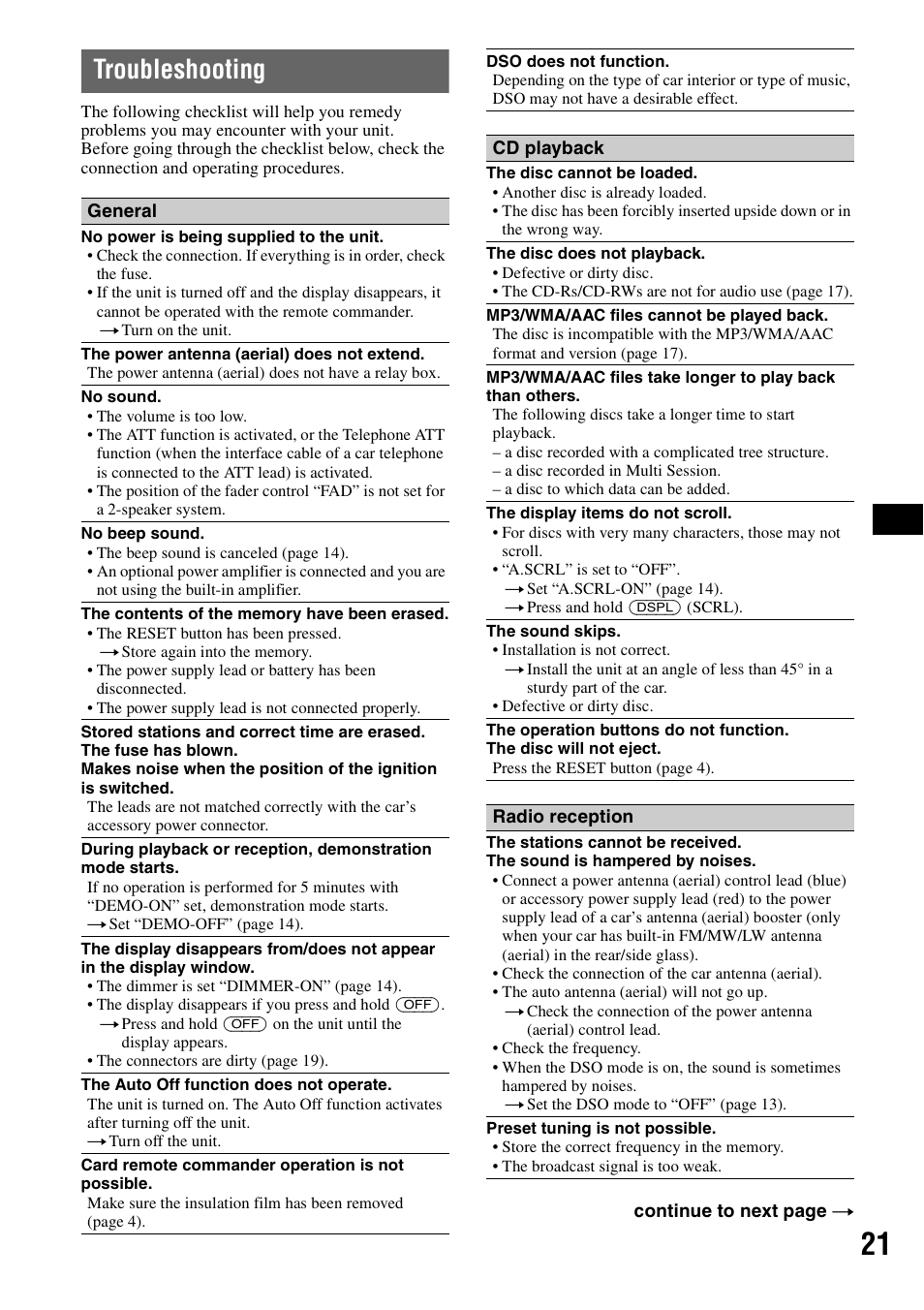 Troubleshooting | Sony CDX-GT55IP User Manual | Page 21 / 120