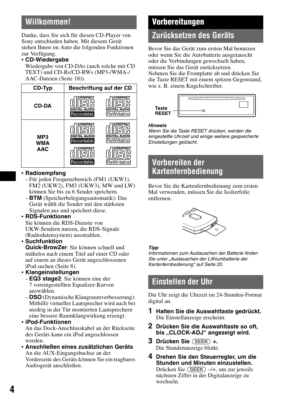 Willkommen, Vorbereitungen, Zurücksetzen des geräts | Vorbereiten der kartenfernbedienung, Einstellen der uhr, Vorbereitungen zurücksetzen des geräts | Sony CDX-GT55IP User Manual | Page 26 / 120