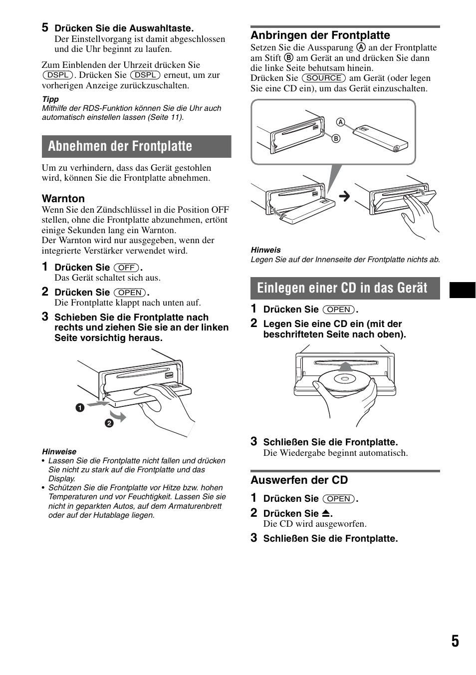 Abnehmen der frontplatte, Anbringen der frontplatte, Einlegen einer cd in das gerät | Auswerfen der cd | Sony CDX-GT55IP User Manual | Page 27 / 120