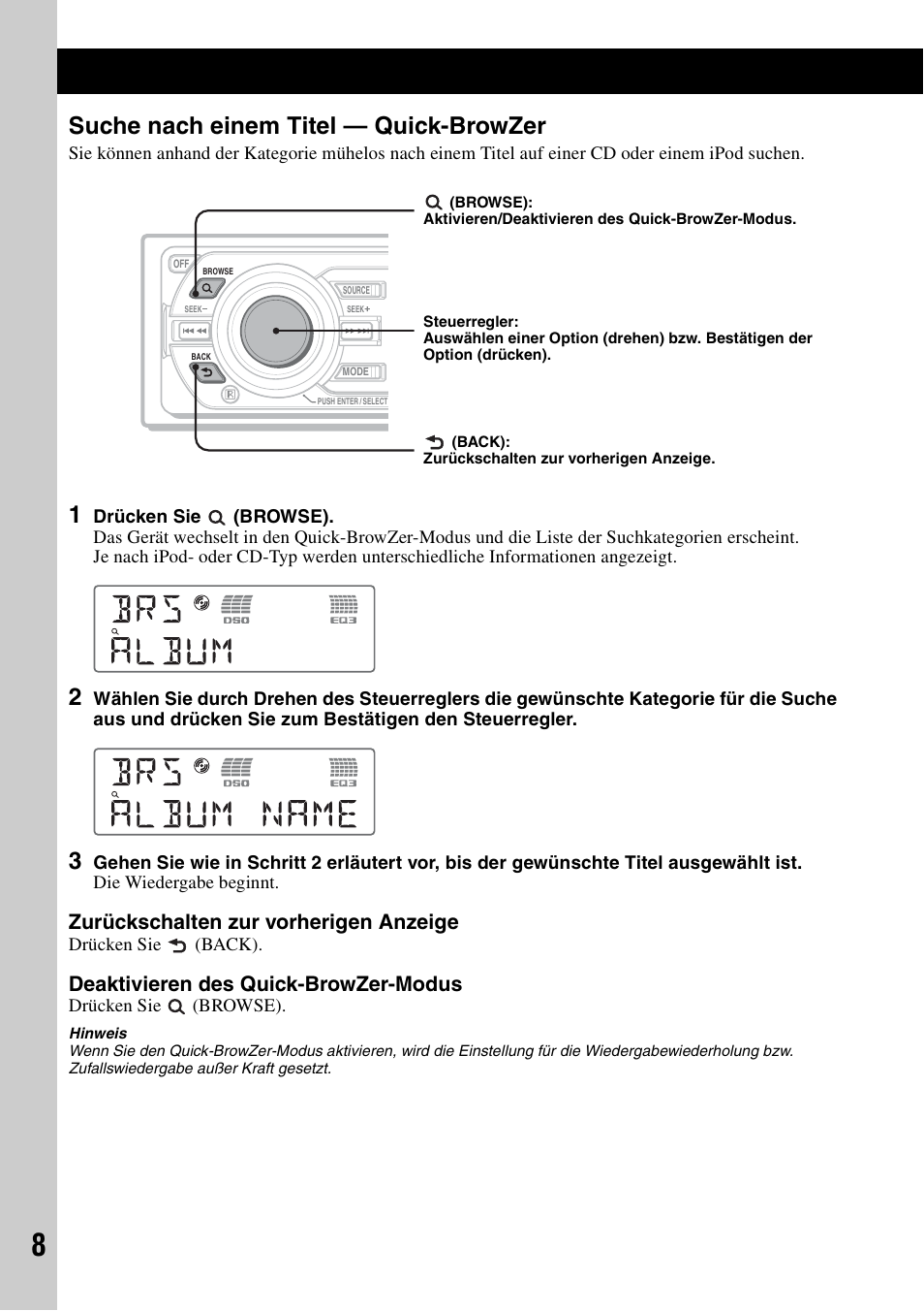 Suche nach einem titel - quick-browzer, Suche nach einem titel, Quick-browzer | Seite 8, Suche nach einem titel — quick-browzer, Zurückschalten zur vorherigen anzeige, Deaktivieren des quick-browzer-modus | Sony CDX-GT55IP User Manual | Page 30 / 120