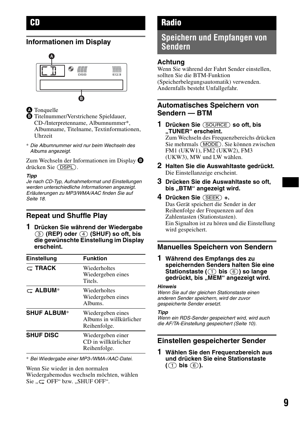 Informationen im display, Repeat und shuffle play, Radio | Speichern und empfangen von sendern, Automatisches speichern von sendern - btm, Manuelles speichern von sendern, Einstellen gespeicherter sender, Informationen im display repeat und shuffle play, Automatisches speichern von sendern, Seite 9 | Sony CDX-GT55IP User Manual | Page 31 / 120