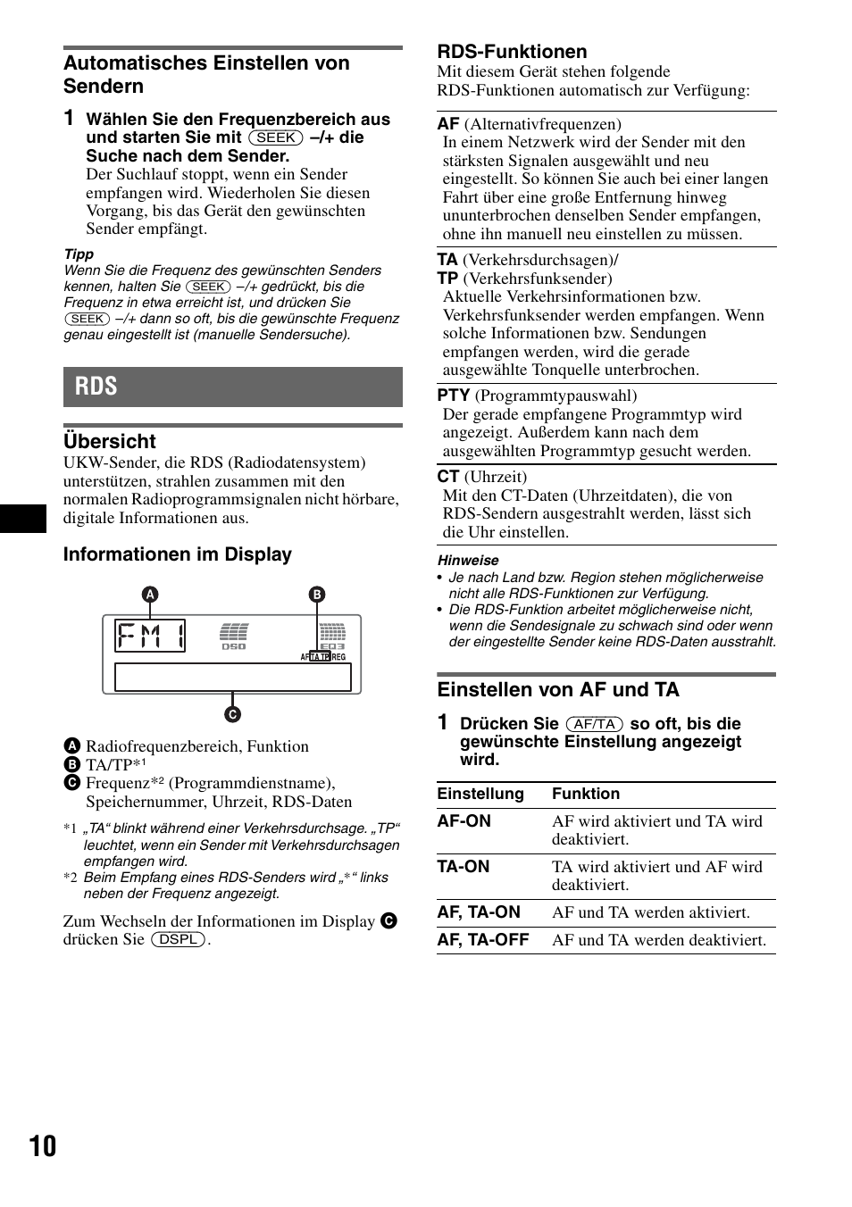 Automatisches einstellen von sendern, Übersicht, Einstellen von af und ta | Übersicht einstellen von af und ta, Seite 10 | Sony CDX-GT55IP User Manual | Page 32 / 120