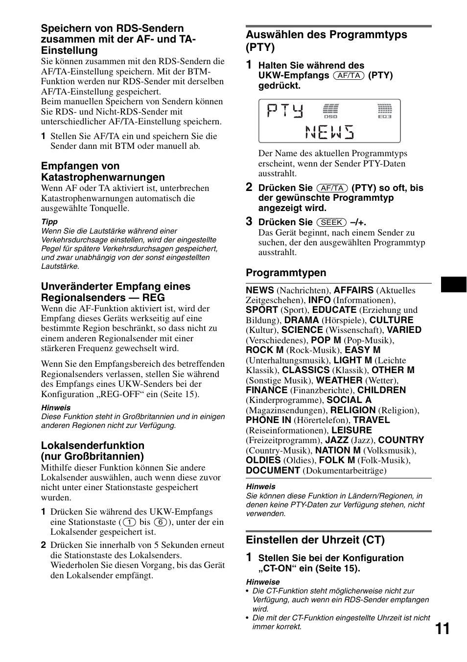 Auswählen des programmtyps (pty), Einstellen der uhrzeit (ct) | Sony CDX-GT55IP User Manual | Page 33 / 120