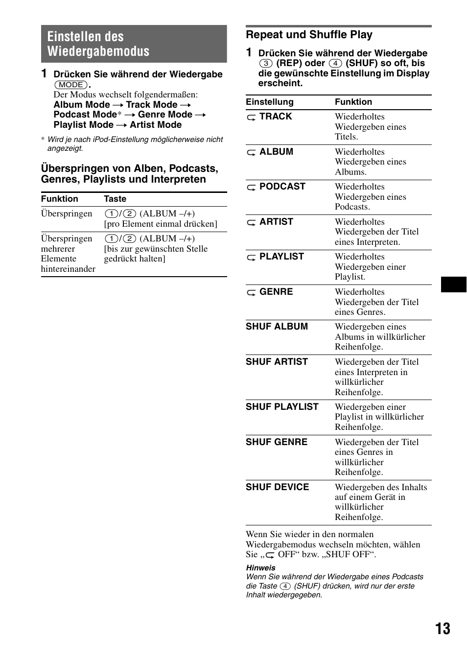 Einstellen des wiedergabemodus, Repeat und shuffle play | Sony CDX-GT55IP User Manual | Page 35 / 120