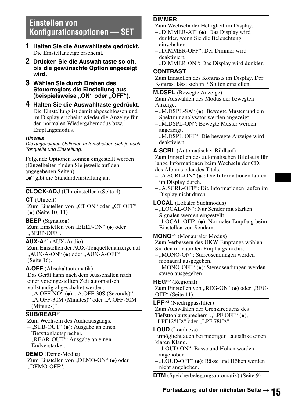 Einstellen von konfigurationsoptionen - set, F seite 15, Einstellen von konfigurationsoptionen | Einstellen von konfigurationsoptionen — set | Sony CDX-GT55IP User Manual | Page 37 / 120