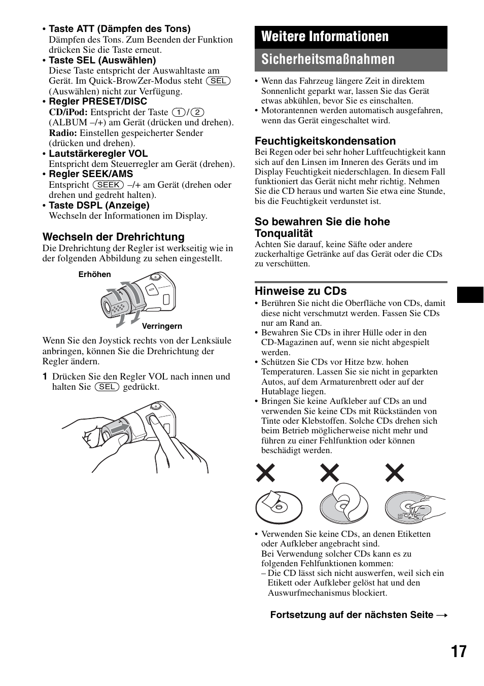 Weitere informationen, Sicherheitsmaßnahmen, Hinweise zu cds | Weitere informationen sicherheitsmaßnahmen | Sony CDX-GT55IP User Manual | Page 39 / 120