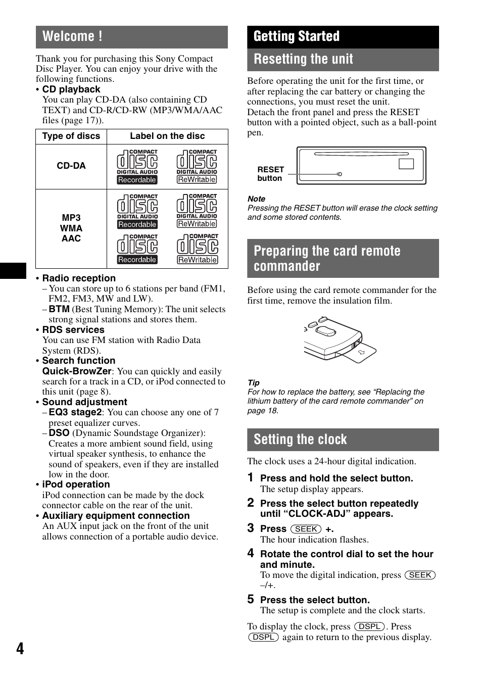 Welcome, Getting started, Resetting the unit | Preparing the card remote commander, Setting the clock, Getting started resetting the unit | Sony CDX-GT55IP User Manual | Page 4 / 120