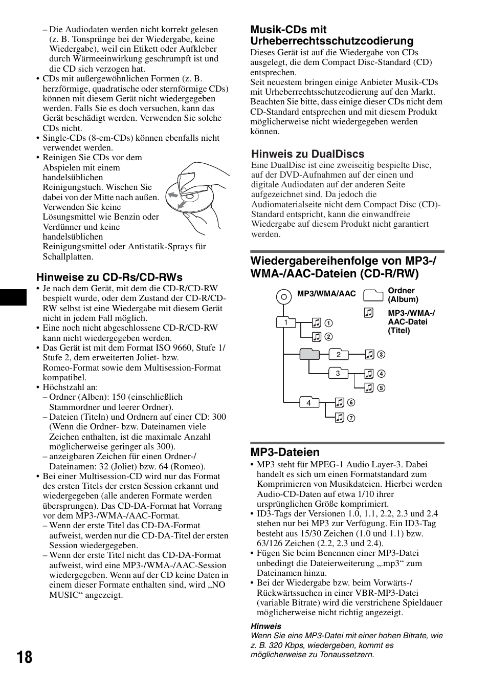 Mp3-dateien, Hinweise zu cd-rs/cd-rws, Musik-cds mit urheberrechtsschutzcodierung | Hinweis zu dualdiscs | Sony CDX-GT55IP User Manual | Page 40 / 120
