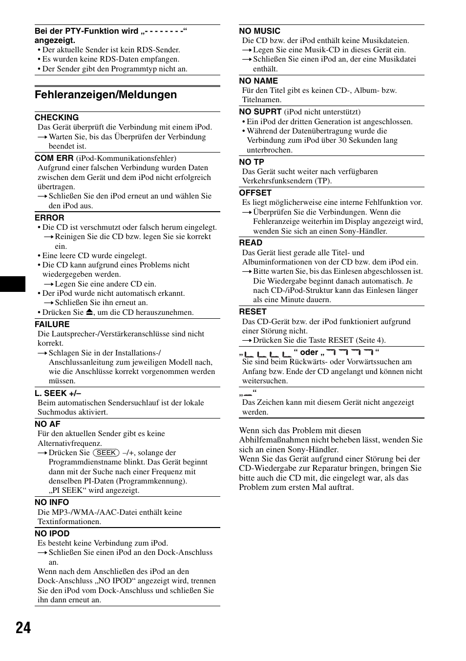 Fehleranzeigen/meldungen | Sony CDX-GT55IP User Manual | Page 46 / 120