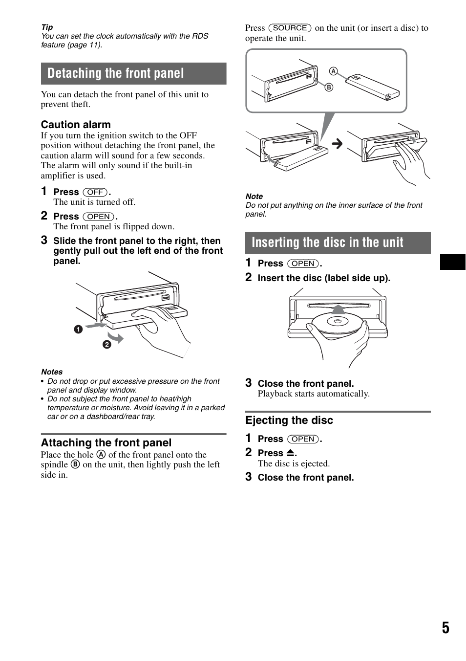 Detaching the front panel, Attaching the front panel, Inserting the disc in the unit | Ejecting the disc | Sony CDX-GT55IP User Manual | Page 5 / 120