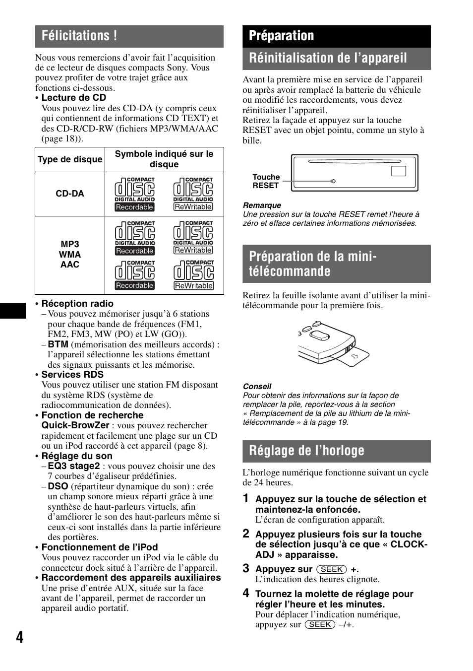 Félicitations, Préparation, Réinitialisation de l’appareil | Préparation de la mini- télécommande, Réglage de l’horloge, Préparation réinitialisation de l’appareil | Sony CDX-GT55IP User Manual | Page 50 / 120