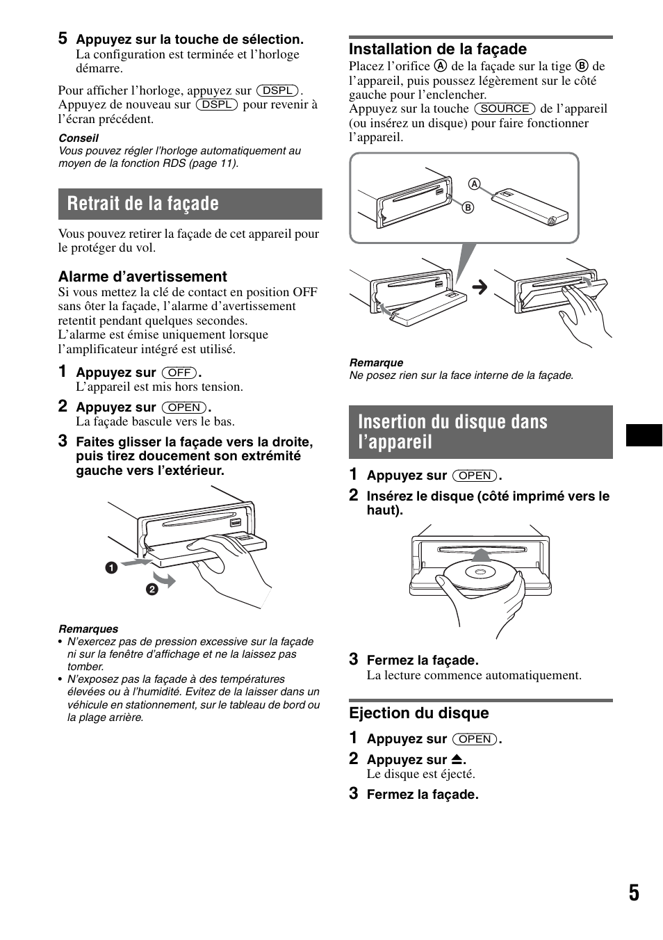 Retrait de la façade, Installation de la façade, Insertion du disque dans l’appareil | Ejection du disque | Sony CDX-GT55IP User Manual | Page 51 / 120