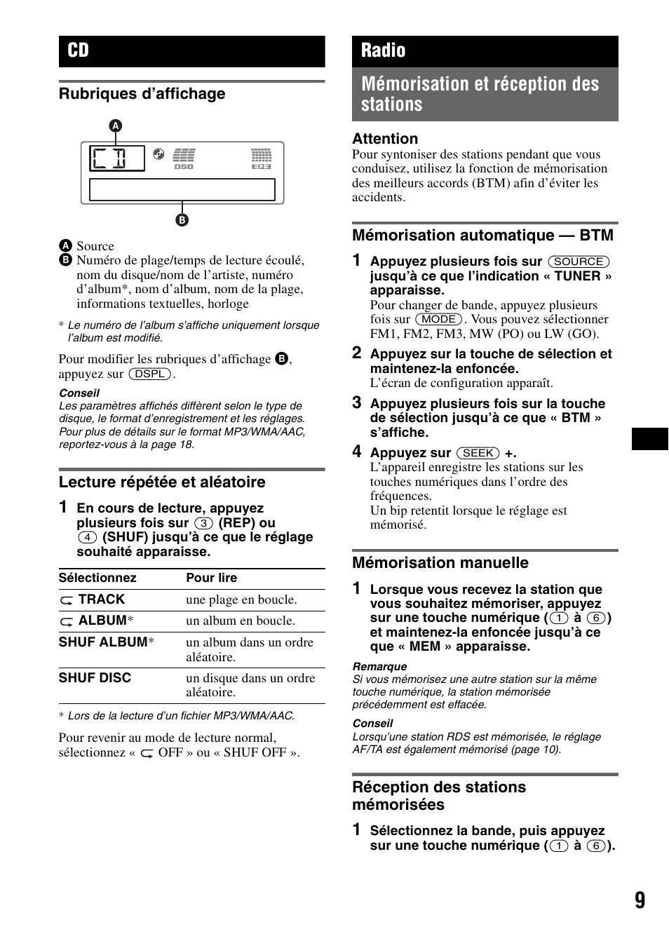 Rubriques d’affichage, Lecture répétée et aléatoire, Radio | Mémorisation et réception des stations, Mémorisation automatique - btm, Mémorisation manuelle, Réception des stations mémorisées, Rubriques d’affichage lecture répétée et aléatoire, Radio mémorisation et réception des stations | Sony CDX-GT55IP User Manual | Page 55 / 120
