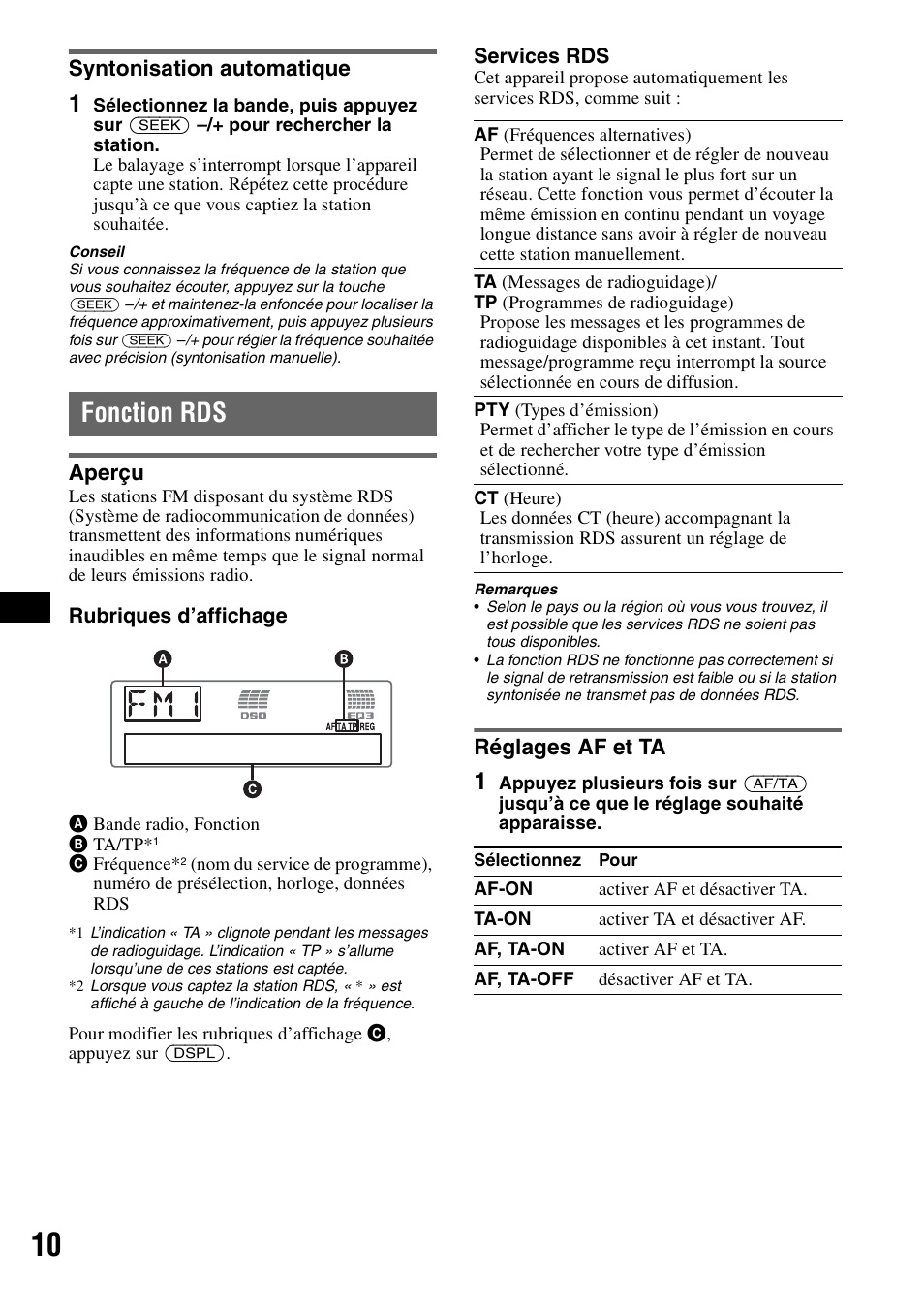 Syntonisation automatique, Fonction rds, Aperçu | Réglages af et ta, Aperçu réglages af et ta | Sony CDX-GT55IP User Manual | Page 56 / 120