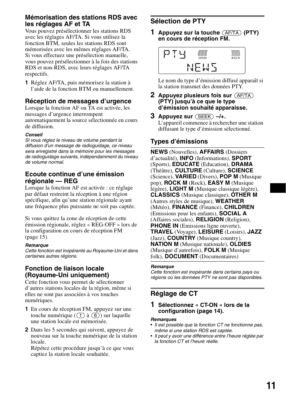 Sélection de pty, Réglage de ct, Sélection de pty réglage de ct | Sony CDX-GT55IP User Manual | Page 57 / 120