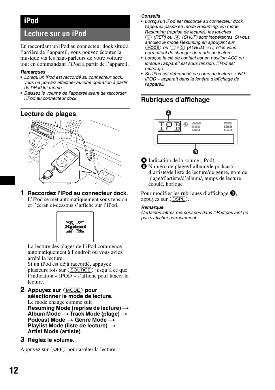 Ipod, Lecture sur un ipod, Lecture de plages | Rubriques d’affichage, Lecture de plages rubriques d’affichage, Ipod lecture sur un ipod | Sony CDX-GT55IP User Manual | Page 58 / 120