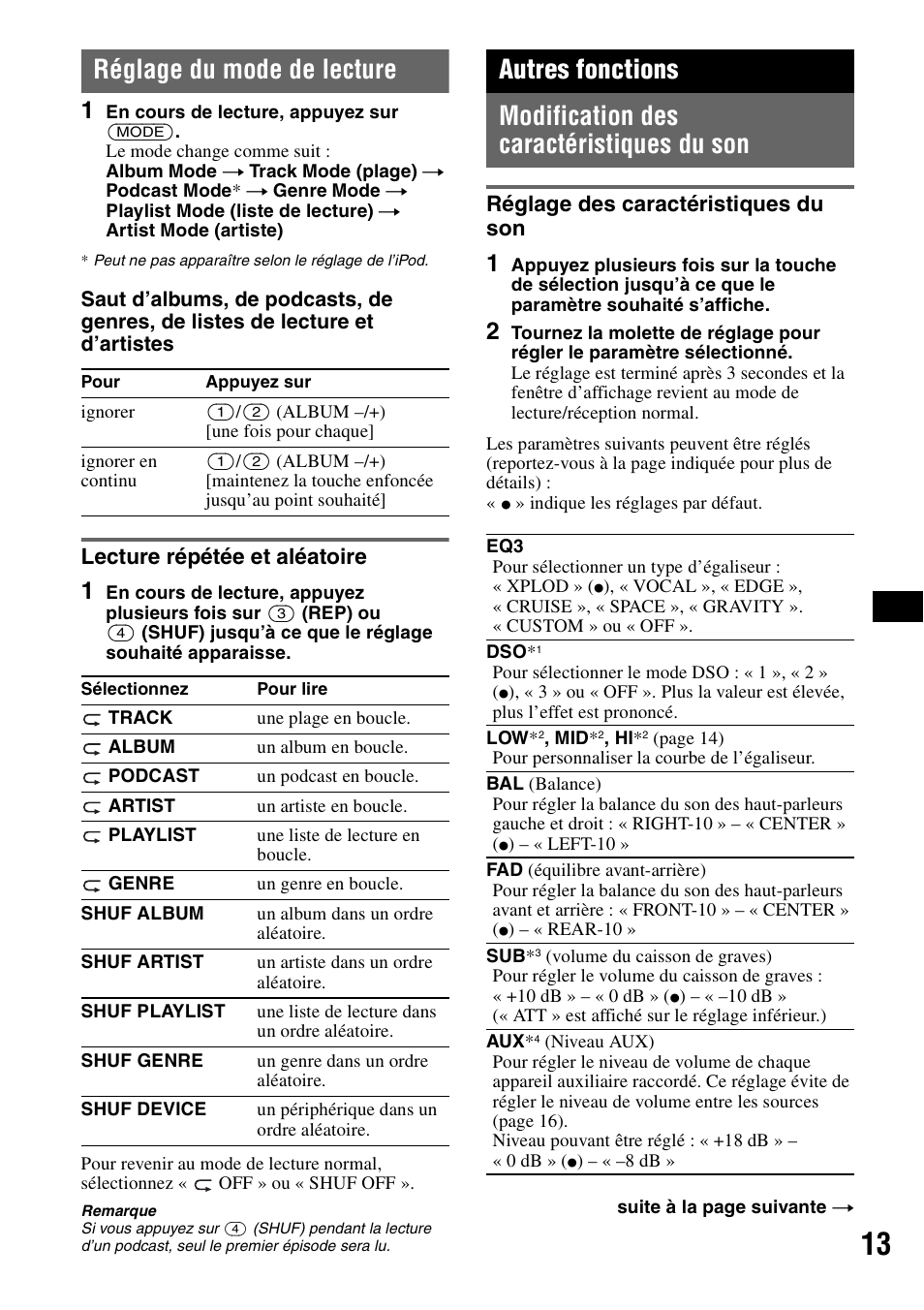 Réglage du mode de lecture, Lecture répétée et aléatoire, Autres fonctions | Modification des caractéristiques du son, Réglage des caractéristiques du son | Sony CDX-GT55IP User Manual | Page 59 / 120