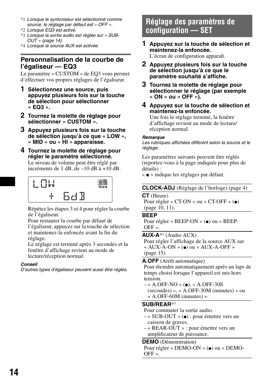 Personnalisation de la courbe de l’égaliseur - eq3, Réglage des paramètres de configuration - set, Personnalisation de la courbe de l’égaliseur | Réglage des paramètres de configuration, Réglage des paramètres de configuration — set, Personnalisation de la courbe de l’égaliseur — eq3 | Sony CDX-GT55IP User Manual | Page 60 / 120