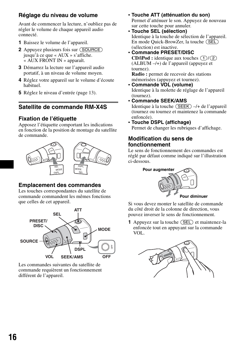 Satellite de commande rm-x4s, Réglage du niveau de volume, Fixation de l’étiquette | Emplacement des commandes, Modification du sens de fonctionnement | Sony CDX-GT55IP User Manual | Page 62 / 120