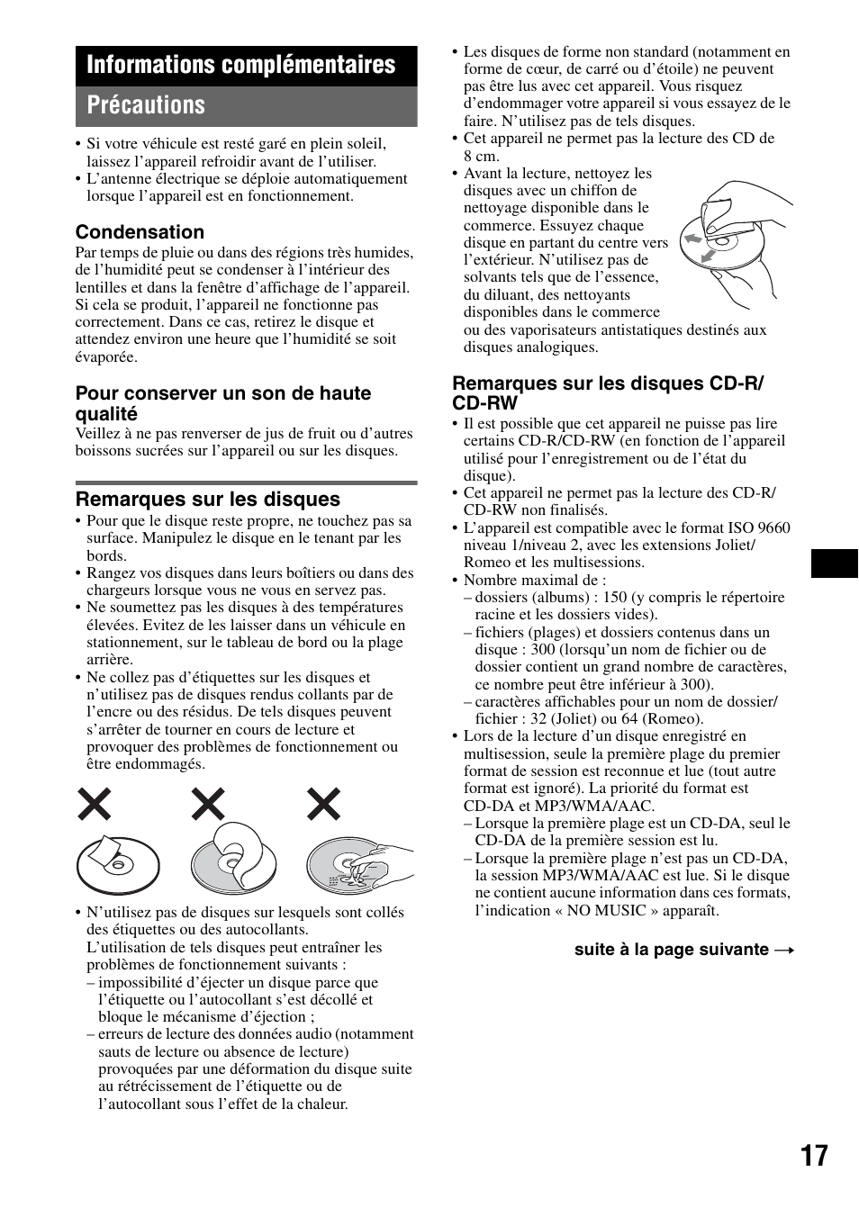 Informations complémentaires, Précautions, Remarques sur les disques | Informations complémentaires précautions | Sony CDX-GT55IP User Manual | Page 63 / 120