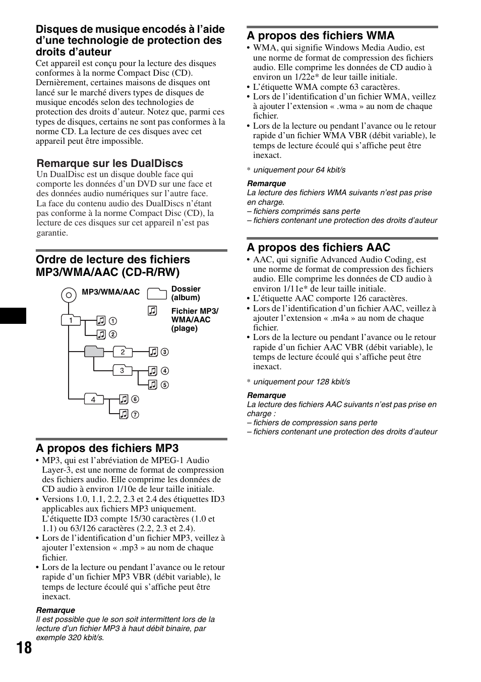 A propos des fichiers mp3, A propos des fichiers wma, A propos des fichiers aac | Ordre de lecture des fichiers | Sony CDX-GT55IP User Manual | Page 64 / 120