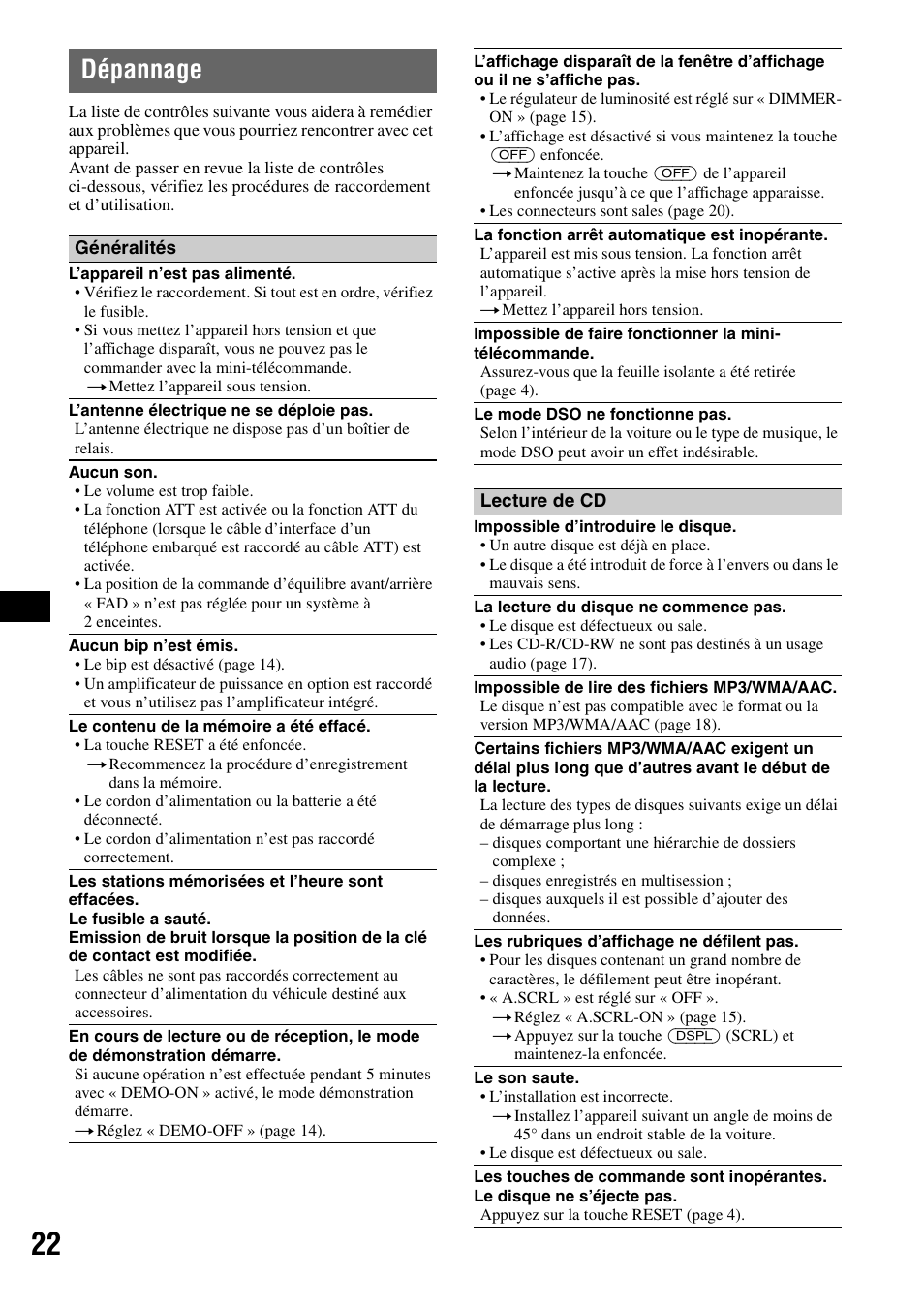 Dépannage | Sony CDX-GT55IP User Manual | Page 68 / 120