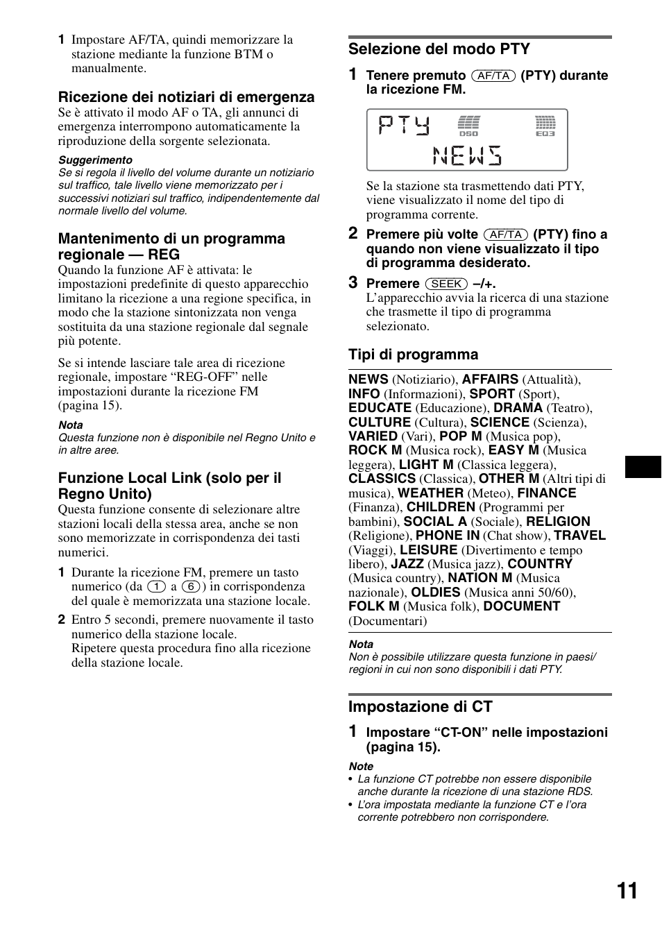 Selezione del modo pty, Impostazione di ct, Selezione del modo pty impostazione di ct | Sony CDX-GT55IP User Manual | Page 81 / 120