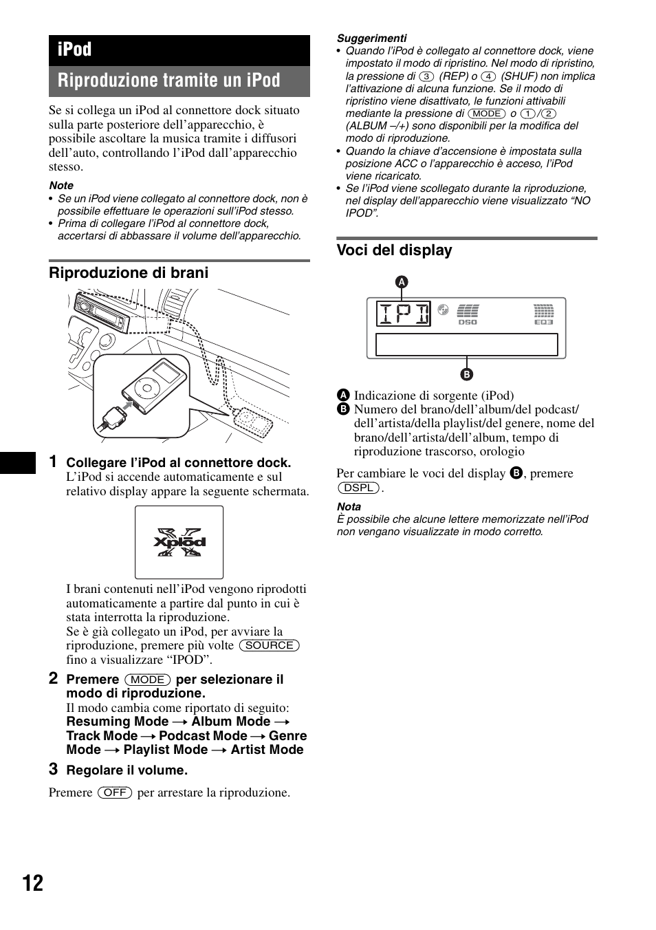 Ipod, Riproduzione tramite un ipod, Riproduzione di brani | Voci del display, Riproduzione di brani voci del display, Ipod riproduzione tramite un ipod | Sony CDX-GT55IP User Manual | Page 82 / 120