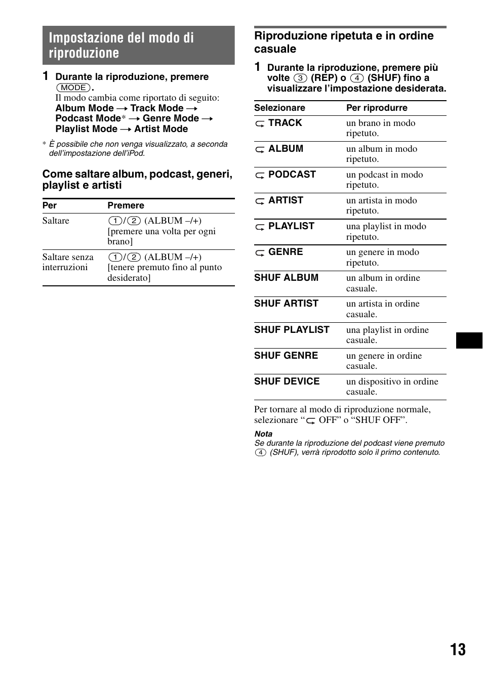 Impostazione del modo di riproduzione, Riproduzione ripetuta e in ordine casuale, Riproduzione ripetuta e in ordine | Casuale | Sony CDX-GT55IP User Manual | Page 83 / 120