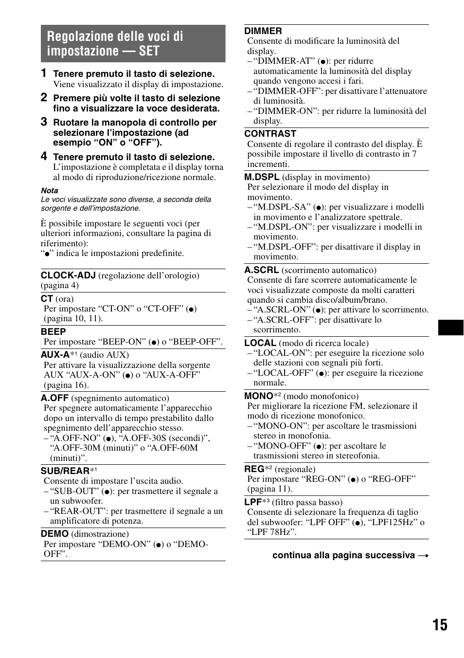 Regolazione delle voci di impostazione - set, Regolazione delle voci di impostazione, Regolazione delle voci di impostazione — set | Sony CDX-GT55IP User Manual | Page 85 / 120