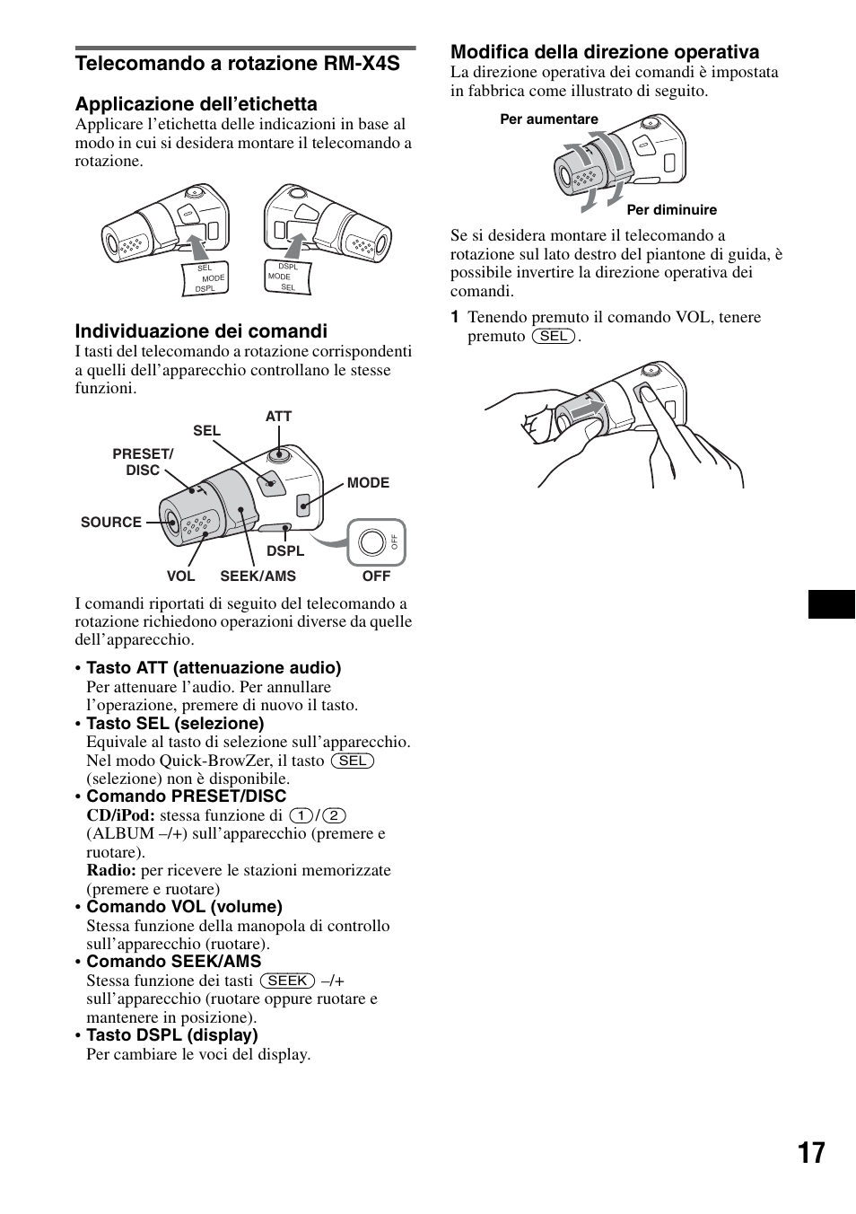 Telecomando a rotazione rm-x4s, Applicazione dell’etichetta, Individuazione dei comandi | Modifica della direzione operativa | Sony CDX-GT55IP User Manual | Page 87 / 120