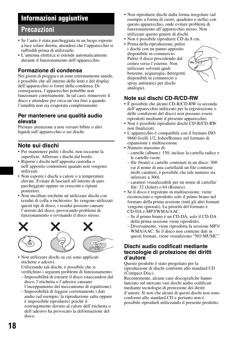 Informazioni aggiuntive, Precauzioni, Note sui dischi | Informazioni aggiuntive precauzioni | Sony CDX-GT55IP User Manual | Page 88 / 120